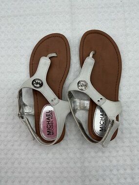 Michael Kors White Leather T-Strap Sandals with Brown Footbed